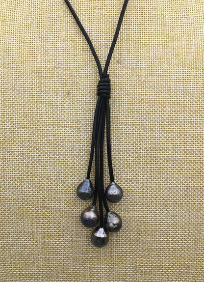 5 real tahitian pearls drop part leather Necklace,Select Leather color Pearl necklace, Leather pearl necklace,Le11-030