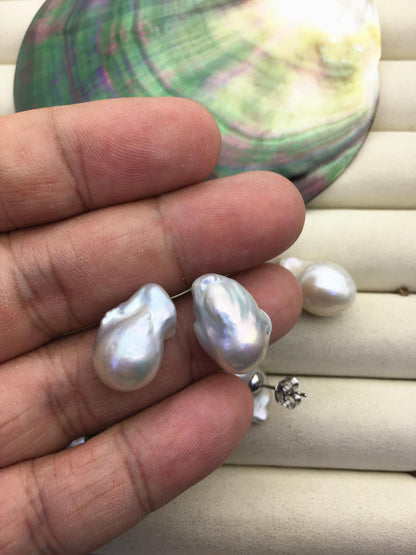 1 pair AAA 11-14mm small flame ball pearl stud earrings,sterling silver,earring with white baroque Natural Pearl,SE3-031-21