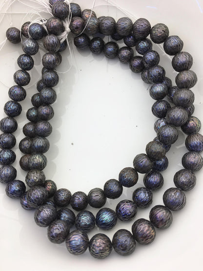 15.5'' AA 11-13mm Black Round Carved Freshwater Pearl - Hand Carved - CAC-T22