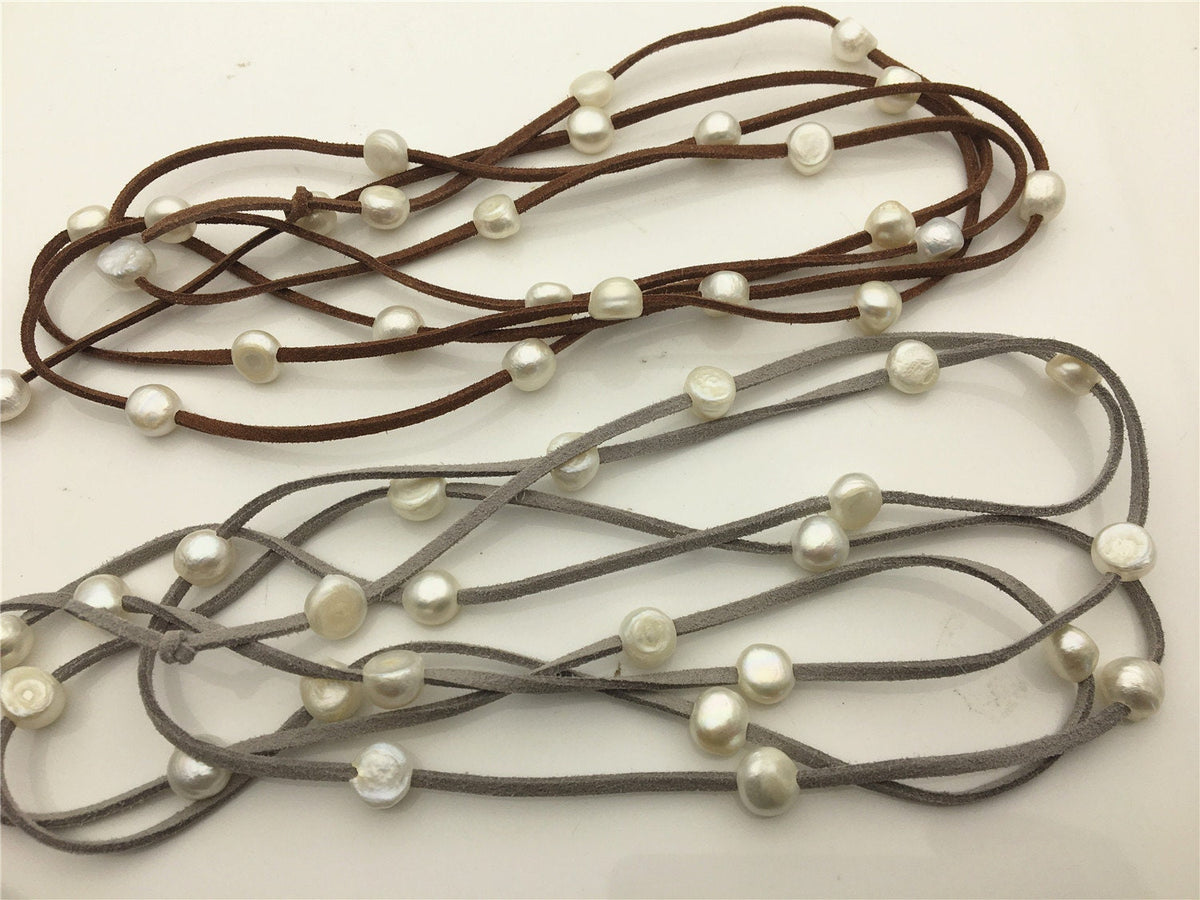 68 inches White Nugget Freshwater Pearl Wrap Bracelet Necklace Anklet on Black Brown Gray Suede Cord Multi Strands for Women,Le15-004