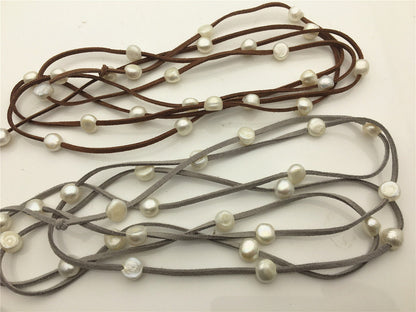 68 inches White Nugget Freshwater Pearl Wrap Bracelet Necklace Anklet on Black Brown Gray Suede Cord Multi Strands for Women,Le15-004