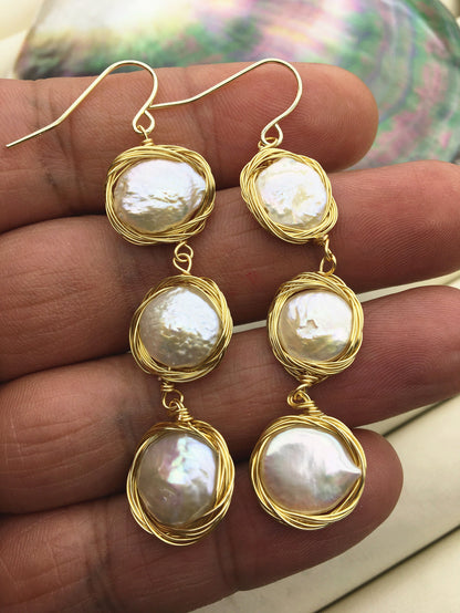 Handmade white three coin pearl dangle earrings,earring with white baroque Natural Pearl,SE3-120-7