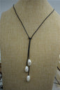 Freshwater Pearl and Leather Lariat Necklace, Light Brwon Leather Pearl necklace, Leather baroque pearl necklace,Le1-076