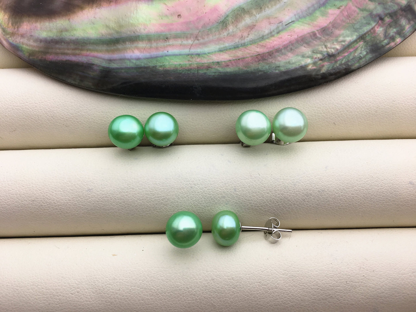 AAA 8-8.5mm Green Button Round Pearl stud earrings,Sterling Silver,SE1-022