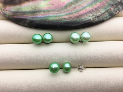 AAA 8-8.5mm Green Button Round Pearl stud earrings,Sterling Silver,SE1-022