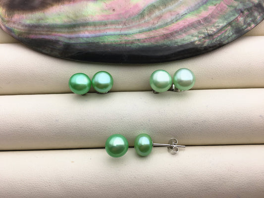 AAA 8-8.5mm Green Button Round Pearl stud earrings,Sterling Silver,SE1-022