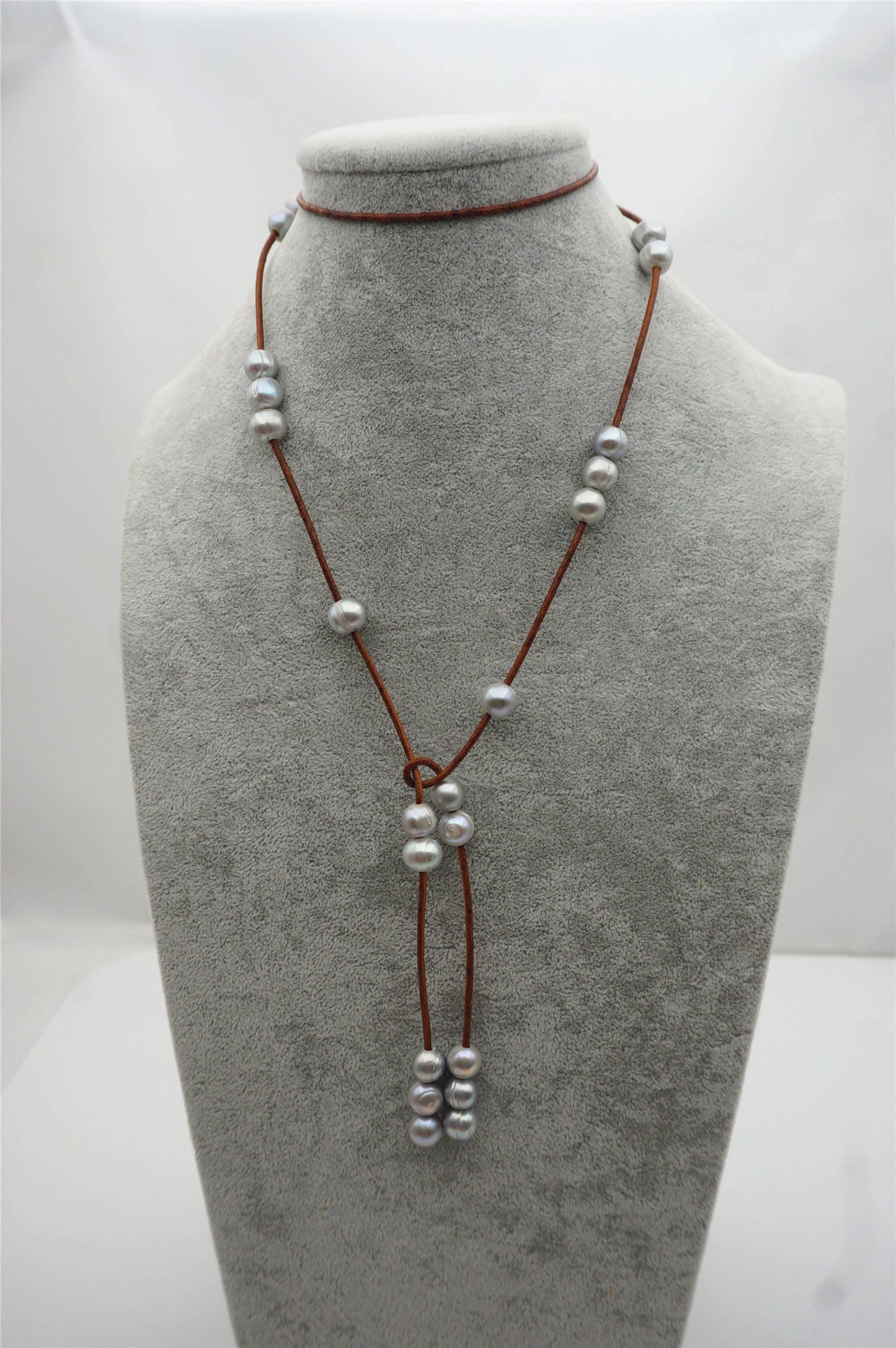 10mm Gray Freshwater Pearl and Leather Lariat Long Necklace,Tan Leather Pearl necklace, Leather pearl, Le5-006