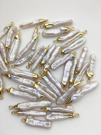 10pcs AA 5-8mm White Biwa Pearl Pendant with Gold Electroplated Edge for make Earrings bracelet necklace,EDG-019