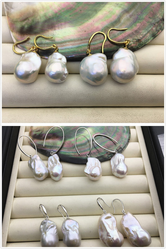 AAA/AA+ 14-18mmx22-28mm flame ball pearl dangle earrings,sterling silver,earring with white baroque Natural Pearl,SE3-069