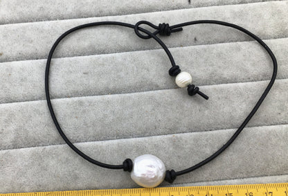 AAA BIG Baroque Thick Coin Pearl necklace,Leather Pearl Choker, Pearl Leather Necklace, Le1-080