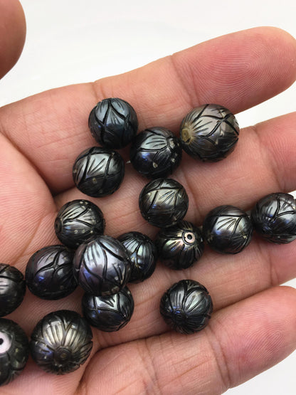 1 pc AA 10-15mm Near Round Carved Tahitian Pearl - Hand Carved - Tattoo Tahitian Pearls,through hole, carved pearls,CAC-FLW-9-4