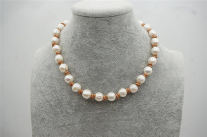 Big Potato Pearl and leather necklace,Genuine Freshwater Pearl Necklace,white pearl necklace,wholesale,Le5-008