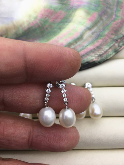 AAA 9mm White rice pearl cz stud earrings,zircon S925 Sterling Sliver pearl earrings,pearl for women for girl,SE3-T26