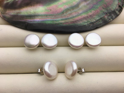 1 pair AAA 12-13mm White Coin Fresh Water pearl stud earrings,S925 Sterling Silver,dangle pearl earrings,SE3-061