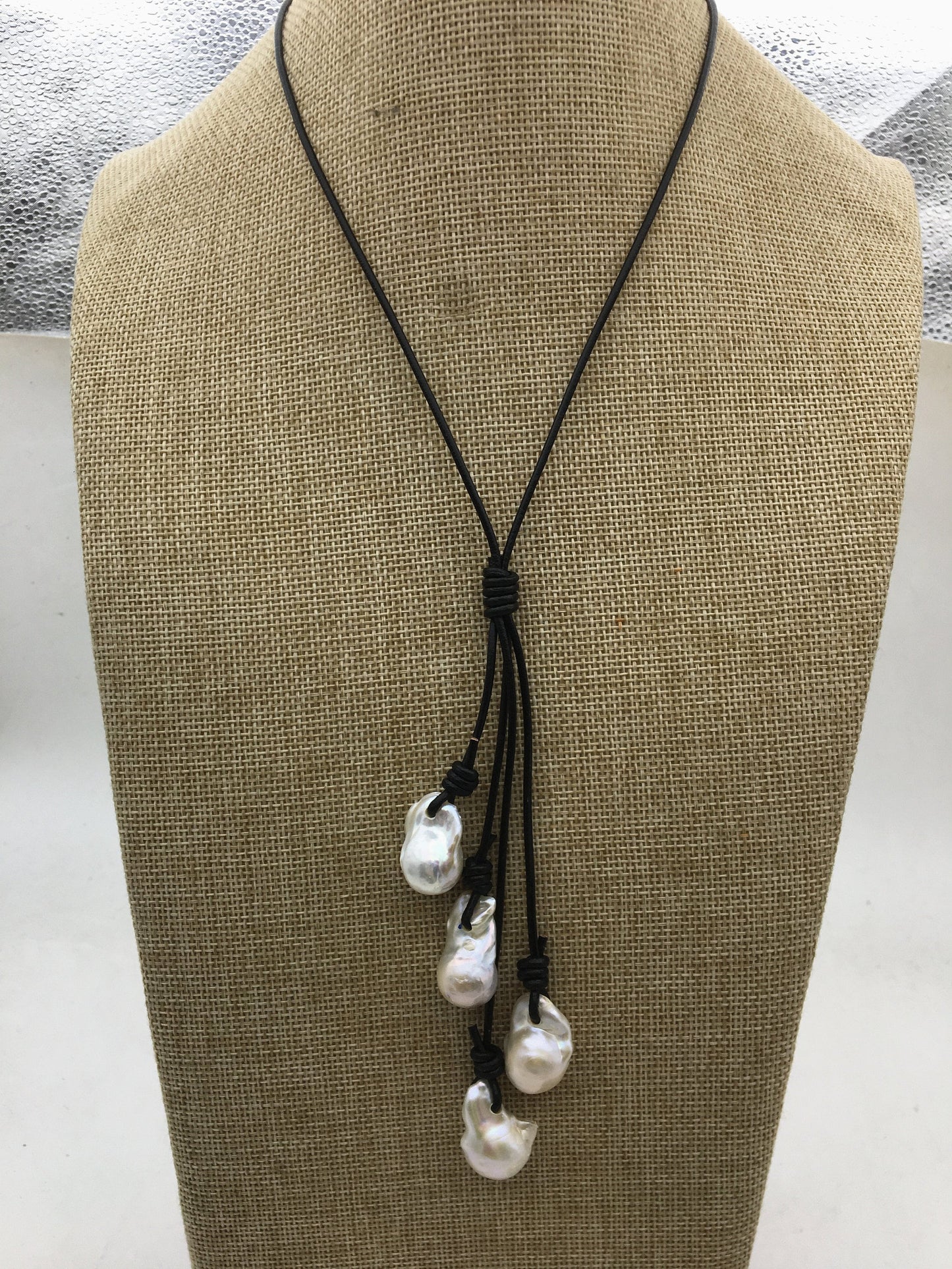 Four Big White Flame ball pearl and leather necklace,Baroque Freshwater Pearl Drop Necklace,Flaming ball pearl necklace,Le5-046