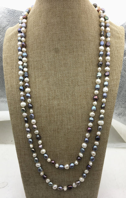 63'' AA+ 7-8mm white blue mix color nugget freshwater Pearl necklace,NPN1-102