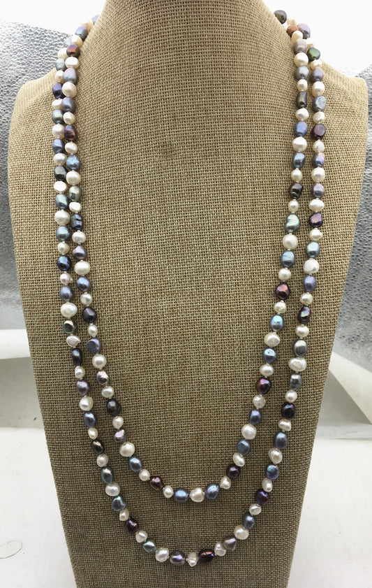 63'' AA+ 7-8mm white blue mix color nugget freshwater Pearl necklace,NPN1-102