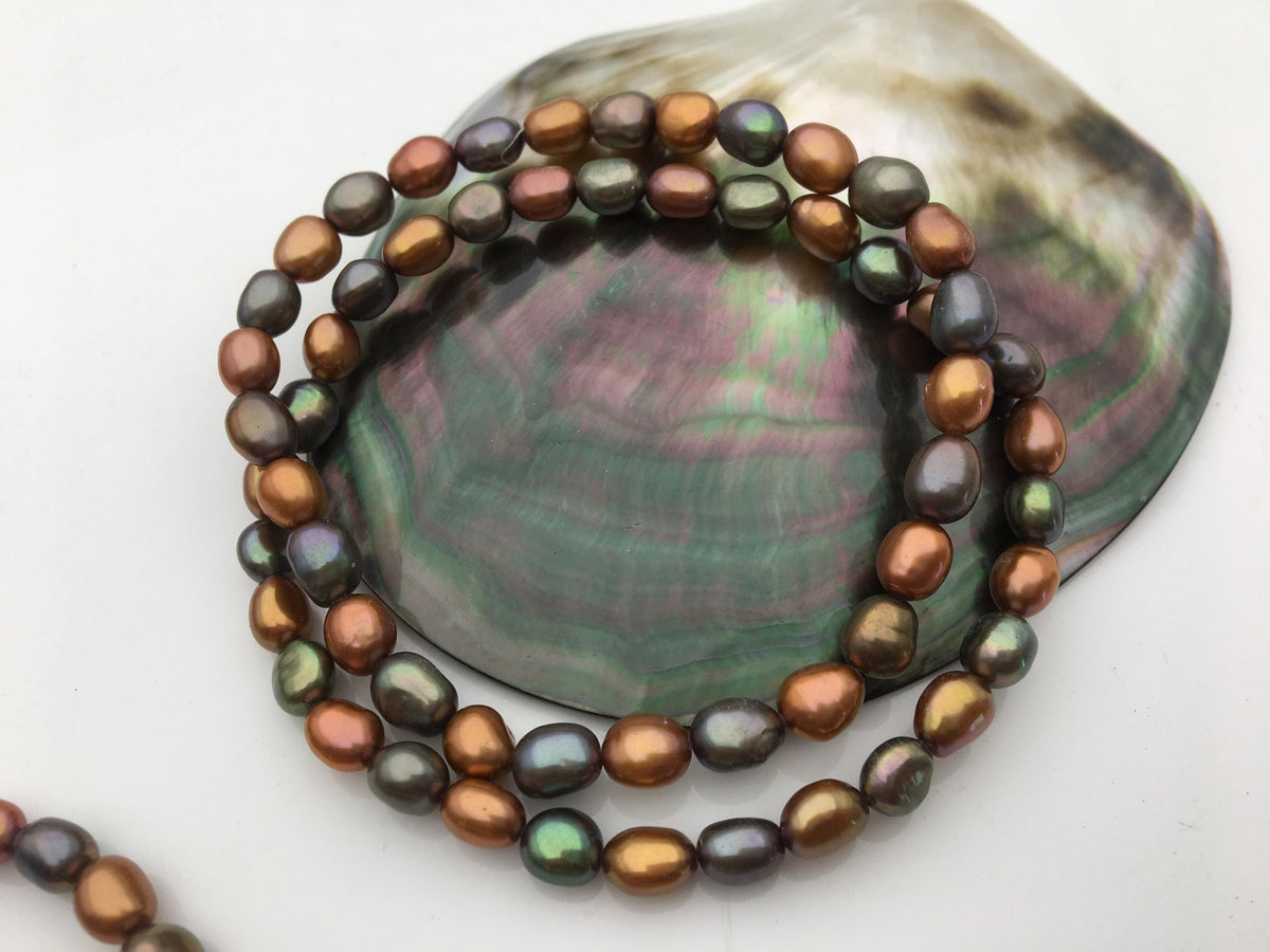 3pcs 7.5 inches AAA 5-6mm Brown Green Mix Color Nugget Freshwater pearl Elastic string Bracelet,B8-017