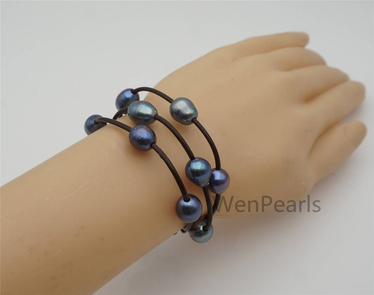 9mm black rice pearl leather bracelet- 3 rows Leather Pearls Bracelet - Misc Color Pearl - Real leather - Le7-181