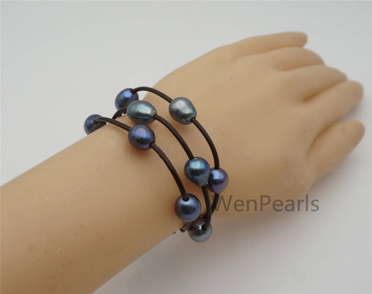 9mm black rice pearl leather bracelet- 3 rows Leather Pearls Bracelet - Misc Color Pearl - Real leather - Le7-181