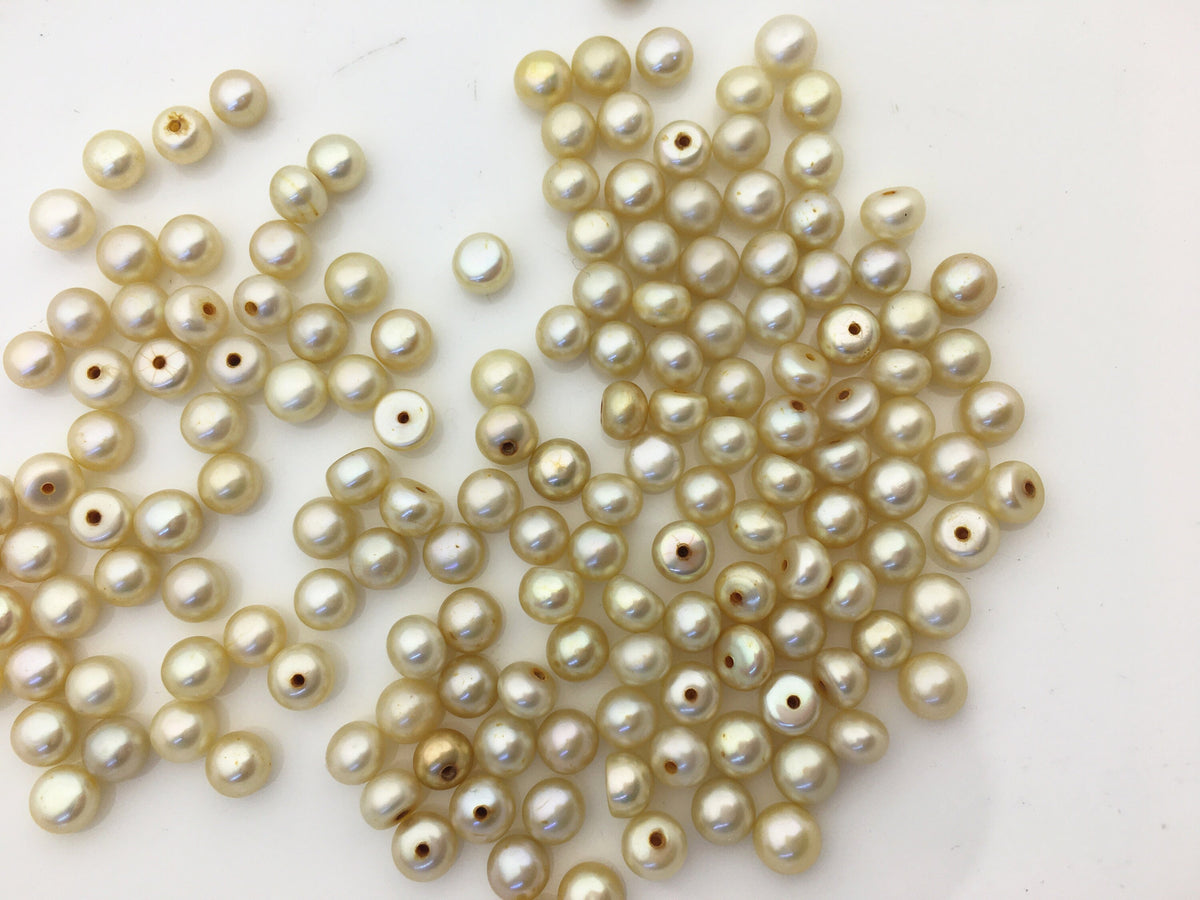 30pcs AAA 5-5.5mm light yellow button round freshwater pearl,0.9mm half hole,BTN5-T2