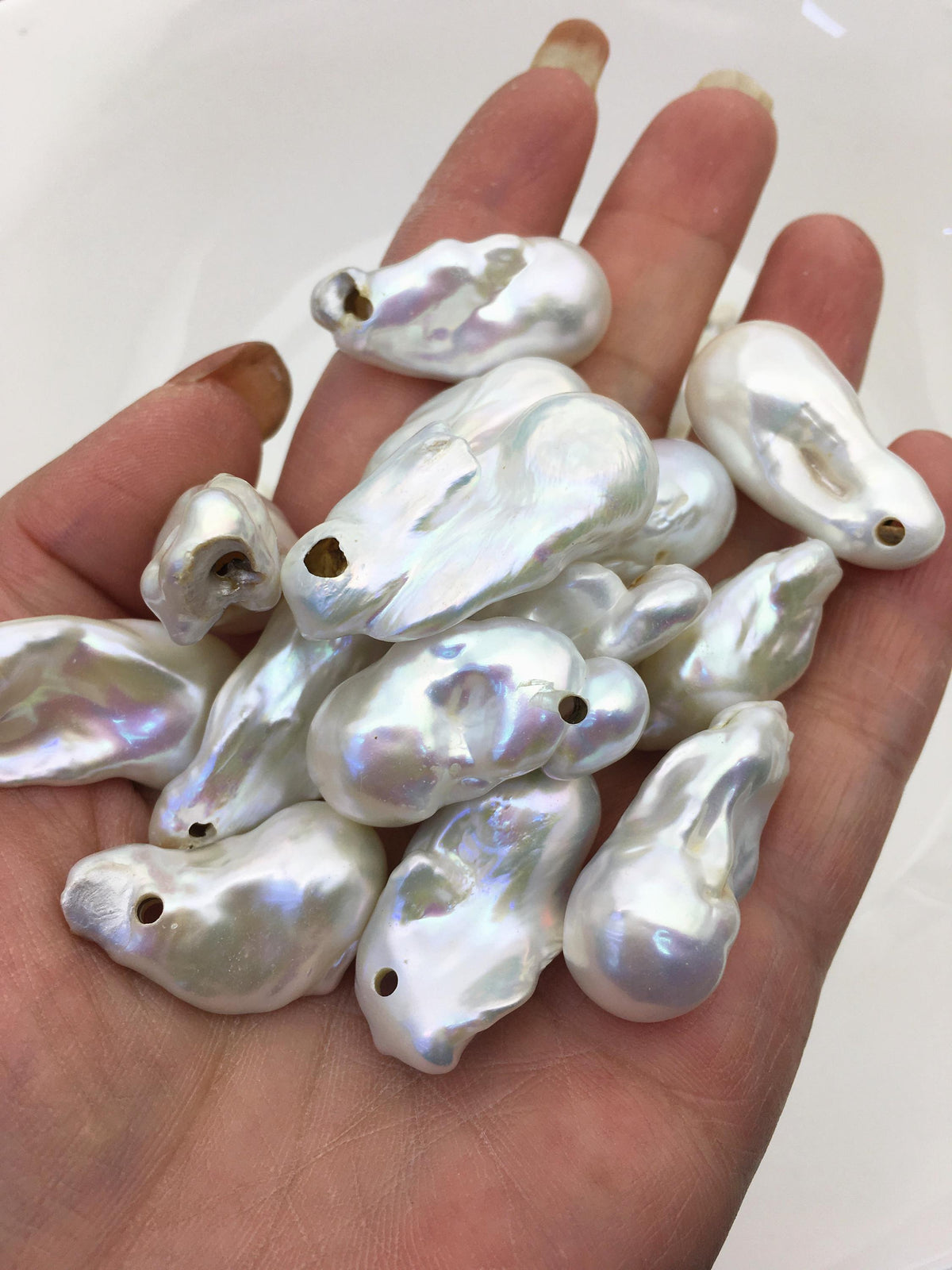 10pcs AA+ 14-19mm White big Long Flame ball Pearl - 2.2mm side large hole,FL15-T7
