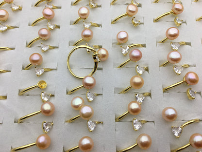 6pcs Gold Open AAA pink pearl ring,inexpensive engagement rings,fashion rings,fake diamond rings real pearls,inexpensive ring,R1-088-7