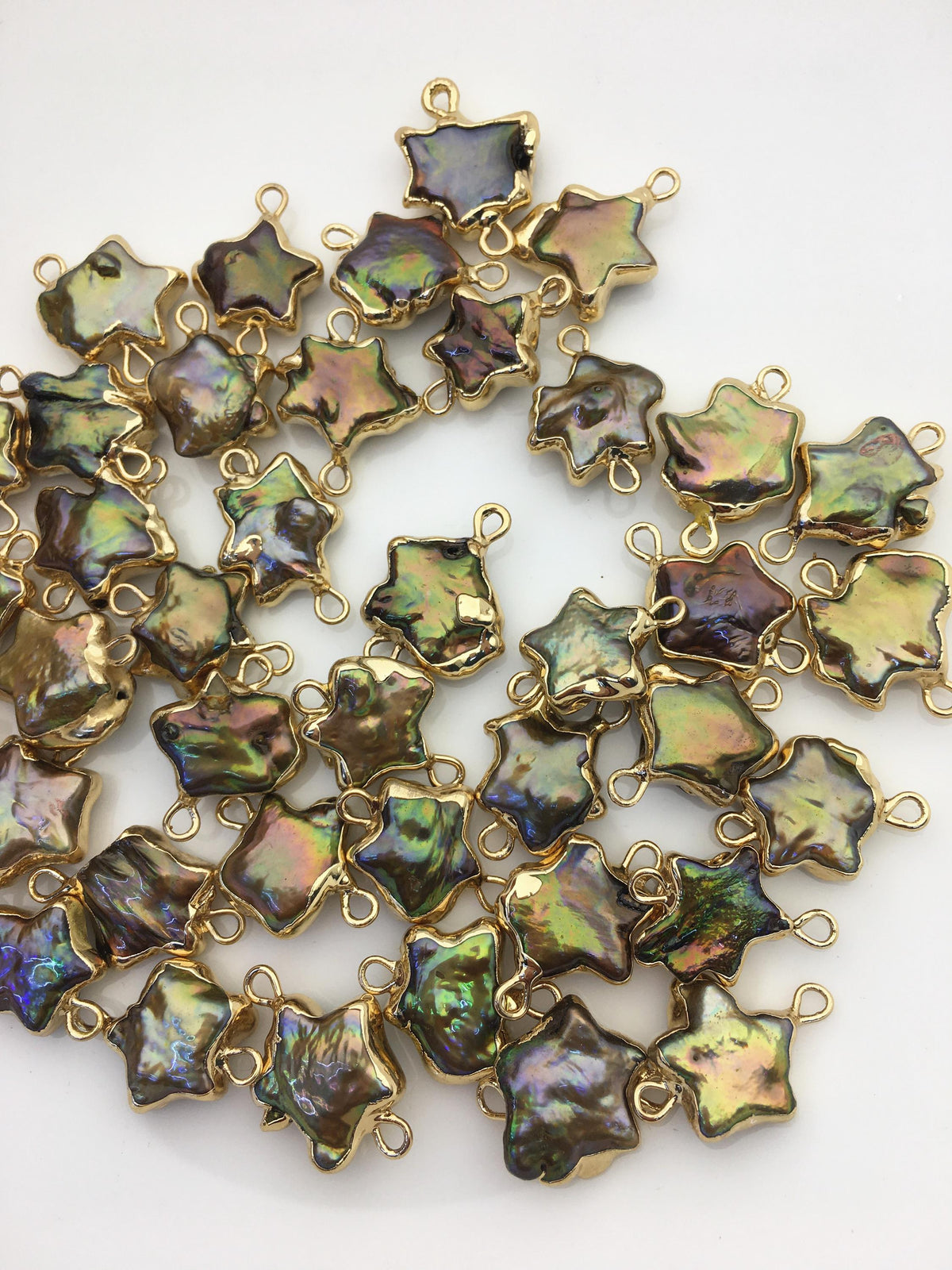 10pcs AA 11-13mm green rainbow five point Pearl Double Bail Connector Charm with Gold Electroplated Edge for make Earrings bracelet,EDG-010