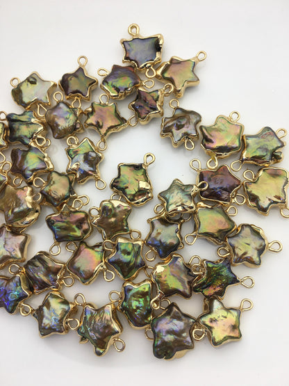 10pcs AA 11-13mm green rainbow five point Pearl Double Bail Connector Charm with Gold Electroplated Edge for make Earrings bracelet,EDG-010
