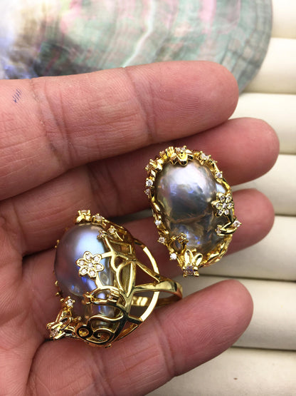 AAA Very Big Gray Rainbow Baroque Pearl Gold rings,affordable engagement rings,pearl wedding rings,promise rings for her,R1-T1