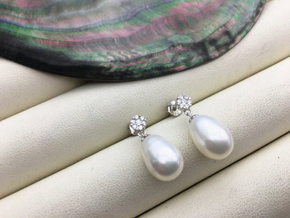 AAA 9mm White rice pearl flower cz stud earrings,S925 Sterling Sliver pearl earrings,pearl for women for girl,SE3-146