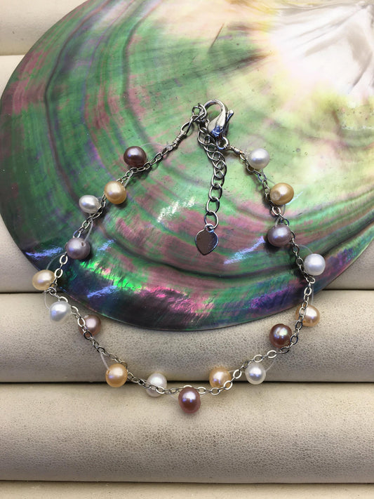 6.5+1.5'' AA+ 4-5mm twist misc color potato Freshwater pearl svlier color chain Bracelet,B8-055-4