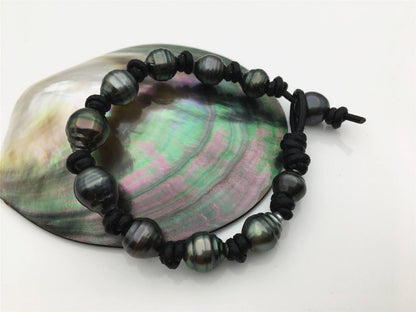 Real Green Tahitian pearl bracelet,High Luster pearl, Pearl Leather bracelet,Taitian pearl bracelet, Black Leather Pearl bracelet,Le10-005