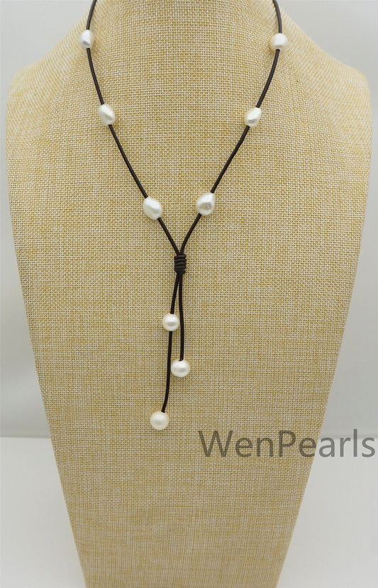 Nugget pearl leather Drop part necklace,Pearl and Leather Lariat Necklace,Leather Pearl necklace,Leather baroque pearl necklace,Le4-031