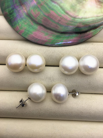 1 pair AA+ 14-15mm huge white button round Pearl Stud Earrings,freshwater pearl earrings,Wedding,classic pearl studs,SE1-069-18