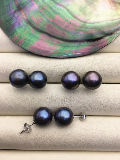 1 pair AA+ 11-12mm black round edison pearl stud earrings,S925 Sterling Sliver stud earrings,wedding pearl earrings,SE3-T9-7