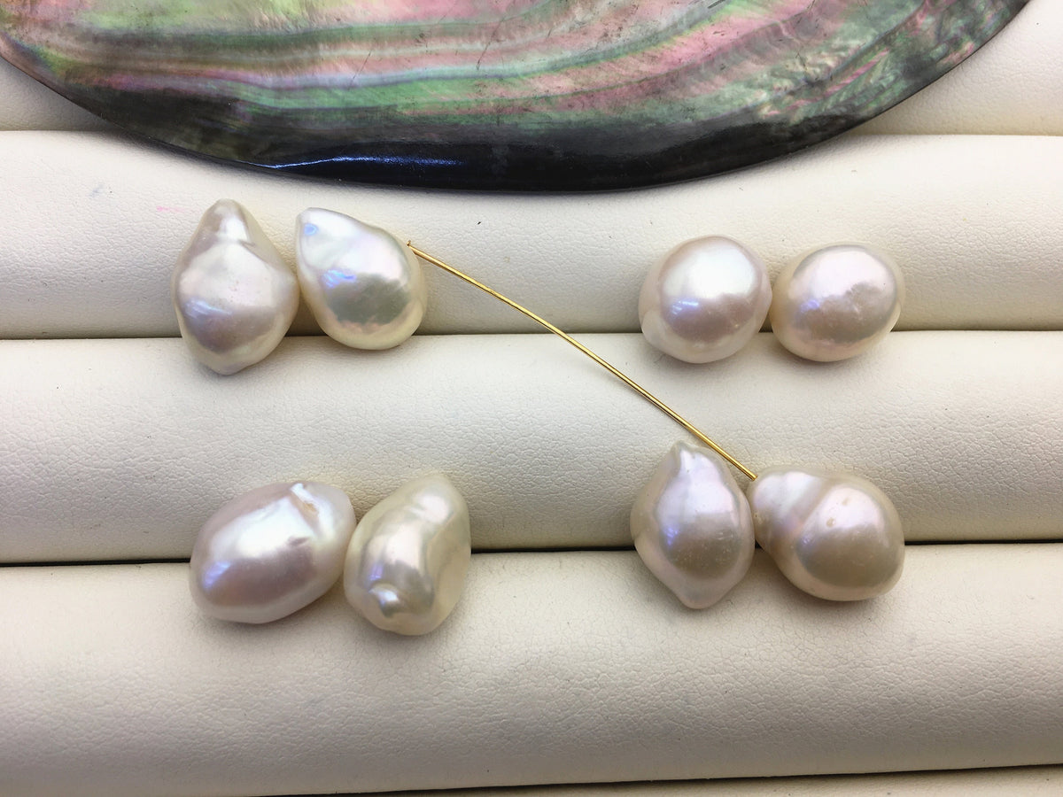 3 pairs AA+ 10-12mm White Nugget Freshwater Pearl White loose Beads Pair,0.9mm top half hole,ZS-103-37-51