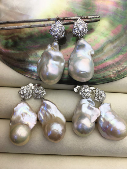 1 pair AA+ 14-16mmx20-28mm flame ball pearl flower stud earrings,sterling silver,earring with white baroque Natural Pearl,SE3-031-3