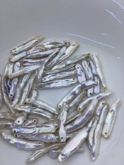 10pcs AAA/AA+ 7-11mm white long biwa keshi Freshwater Pearls, 2.2mm large hole,ZS-80-1-33