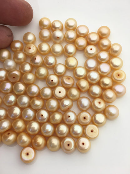 20pcs AAA 9-9.5mm deep yellow button round loose freshwater pearl,0.9mm half hole,BTN9-T1