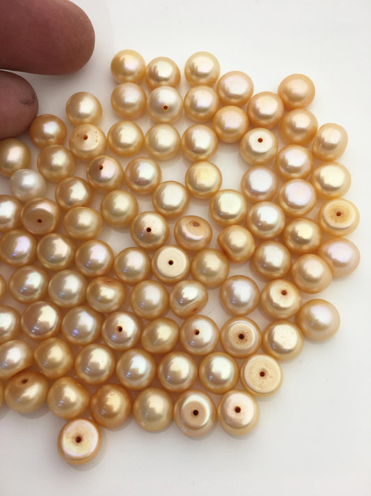 20pcs AAA 9-9.5mm deep yellow button round loose freshwater pearl,0.9mm half hole,BTN9-T1