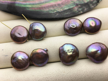 2 pairs AA+ 13-14mm Coin Purple Black Freshwater Pearl Brown loose Beads Piar,wholesale,ZS-103-49