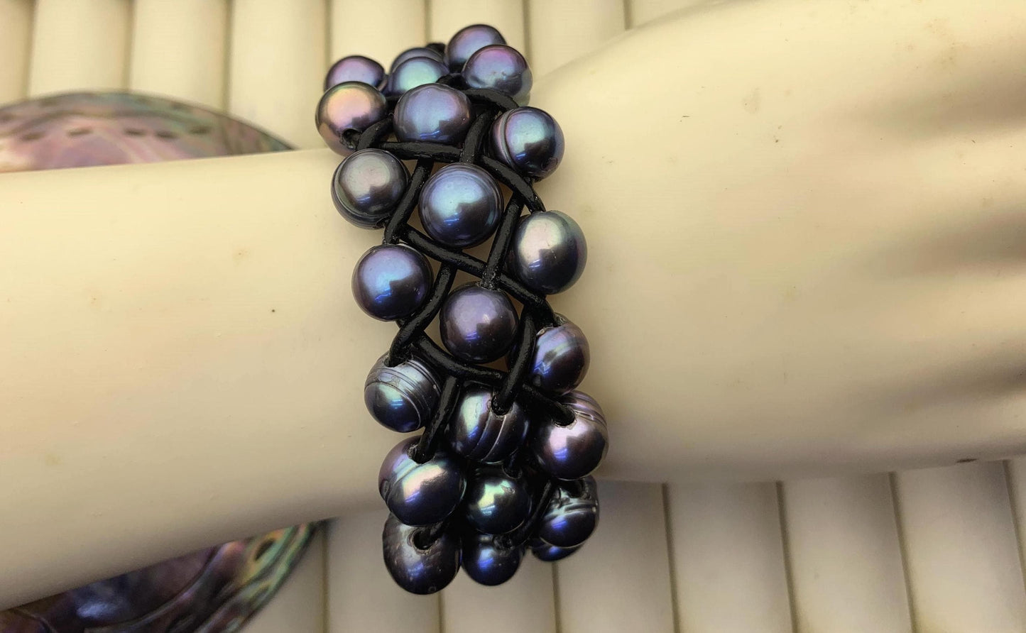 3 rows Black pearl bracelet,Leather Pearls Bracelet, Handmade Cuff,Black Pearls on Black Leather,Tan leather bracelet,Le8-029