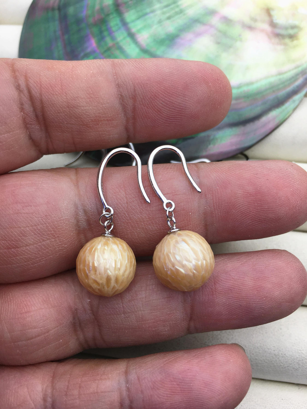 1 pair AAA 11-13mm orange handmade carved round pearl dangle earrings,S925 sterling silver earrings,SE3-T9-48