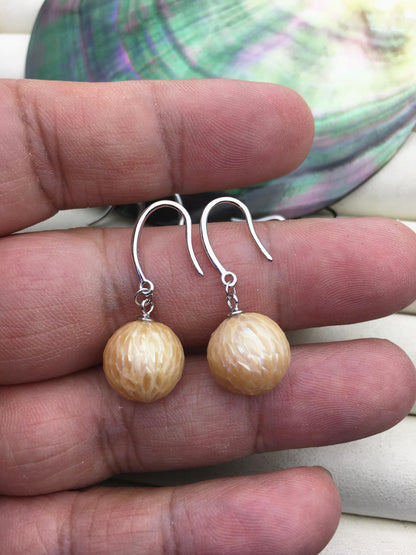 1 pair AAA 11-13mm orange handmade carved round pearl dangle earrings,S925 sterling silver earrings,SE3-T9-48