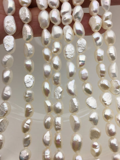 High Luster!AA+ 7.4-8.5mm white long nugget shape freshwater pearls,white cultured freshwater baroque pearl bead string,LM8-2A-4