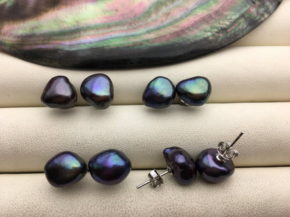 AAA 9-10mm green blue baroque nugget Pearl Stud Earrings,freshwater pearl earrings,Wedding,classic pearl studs,SE3-T34