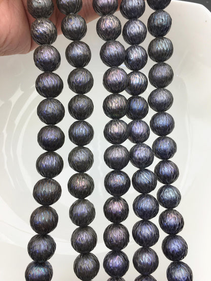 15.5'' AA+ 10-13mm Black Round Carved Freshwater Pearl - Hand Carved - CAC-T23