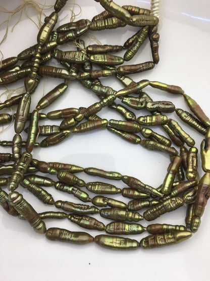 A 6-7mm green yellow toothpick Biwa Pearl Necklace,Genuine Fresh Water Pearl,Wedding Necklace,Mothers Day,ZS-80-10-14