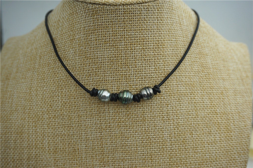 HandMade Fashion Three Tahitian pearl Leather Choker Necklace, men or women choker, Black Leather Pearl necklace,Le11-007